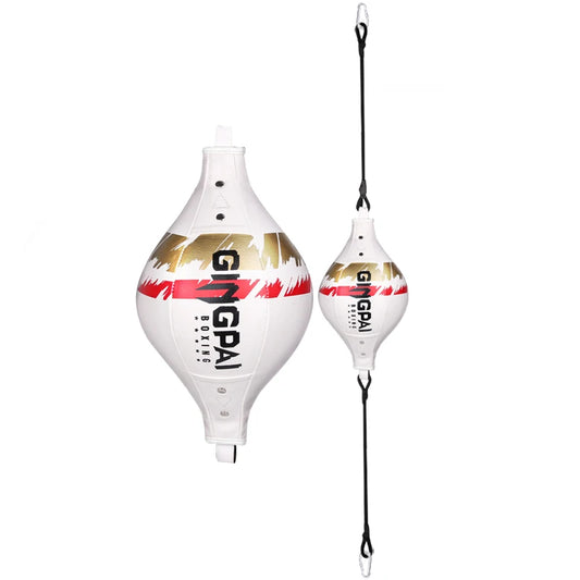 Punching ball suspendu conique en PU blanc avec des élastiques noirs.