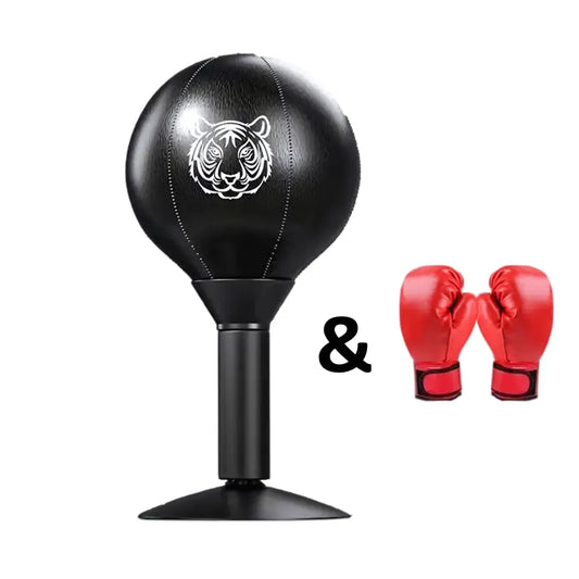 Punching ball de bureau noir avec tête de tigre stylisée et gants de boxe rouges