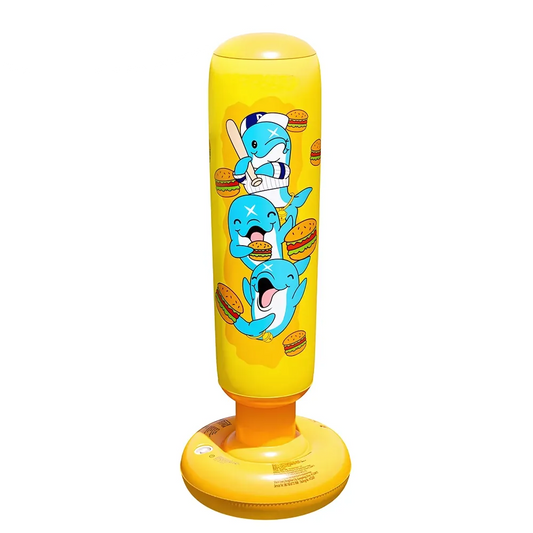 Punching ball jaune avec illustrations de dauphins mangeant des burgers, vue principale.