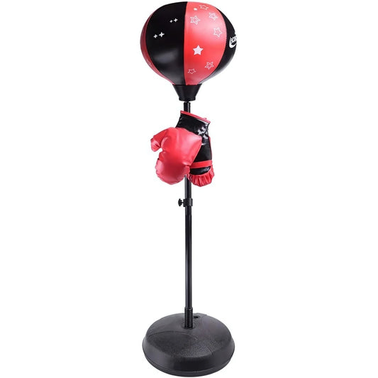 Punching ball sur pied gonflable avec gants de boxe rouges