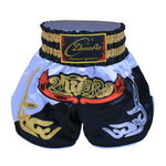 Short boxe thai blanc et noir avec inscriptions dorées et argentées ZhuoAo - Vignette | SacDeFrappe.fr