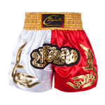 Short boxe thai blanc et rouge avec inscriptions dorées ZhuoAo - Vignette | SacDeFrappe.fr
