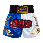 Short boxe thai bleu et blanc avec inscriptions rouges et dorées ZhuoAo - Vignette | SacDeFrappe.fr