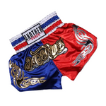 Short boxe thai bleu et rouge avec inscriptions dorées et argentées Anotherboxer - Vignette | SacDeFrappe.fr