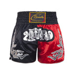 Short boxe thai noir et rouge avec inscriptions argentées ZhuoAo - Vignette | SacDeFrappe.fr