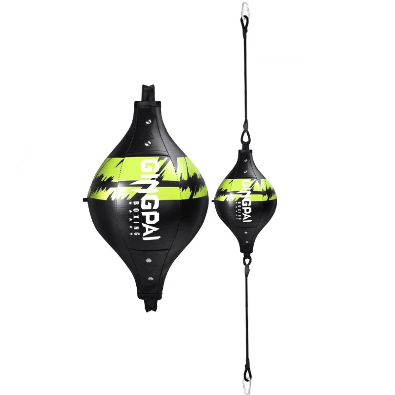 Punching ball suspendu conique en PU noir avec des motifs jaunes.