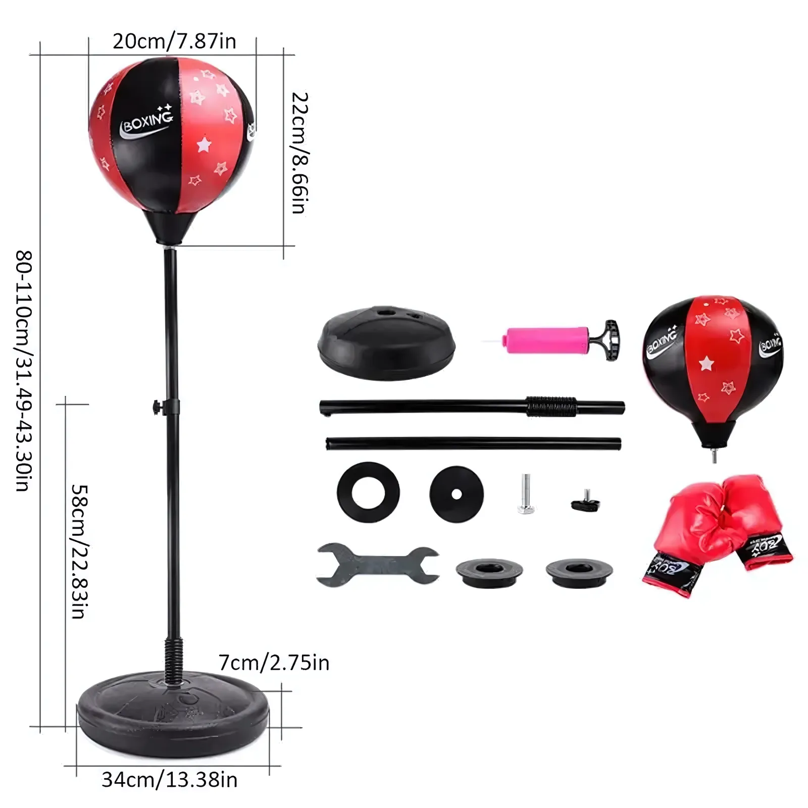 Dimensions et composants du punching ball sur pied gonflable pour enfants
