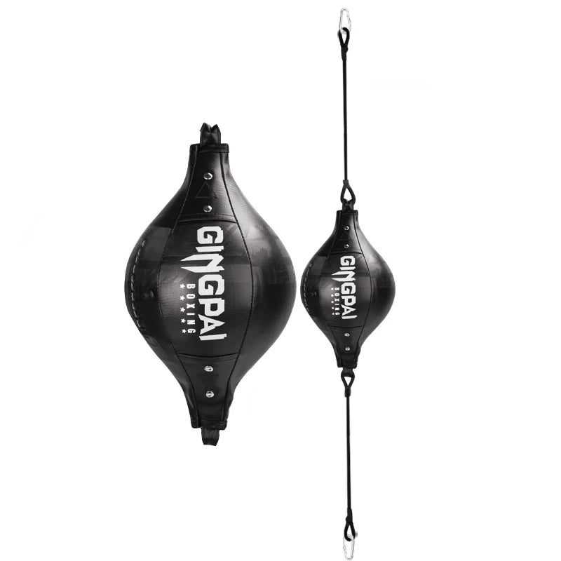 Punching ball suspendu conique en PU noir avec des élastiques noirs.