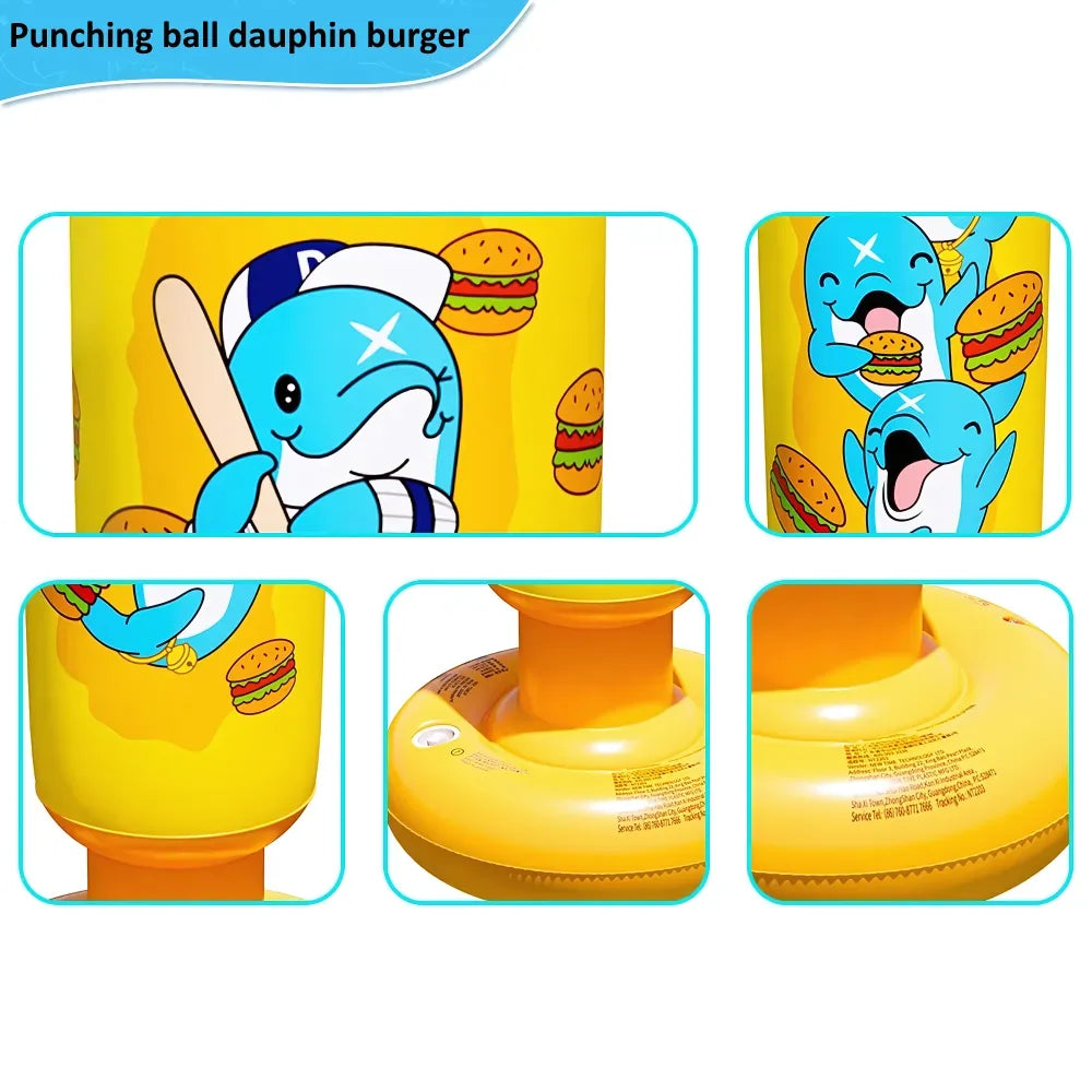 Détails du punching ball jaune avec illustrations de dauphins mangeant des burgers.