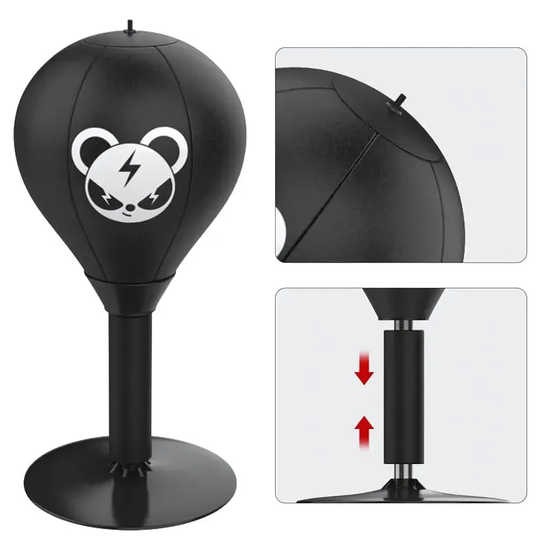 Punching-ball pour enfants avec motif de panda, vue de côté et détails du ressort.