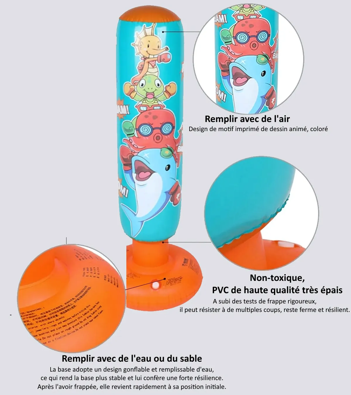 Détails du punching ball gonflable pour enfants, montrant les matériaux de haute qualité et la base stable.