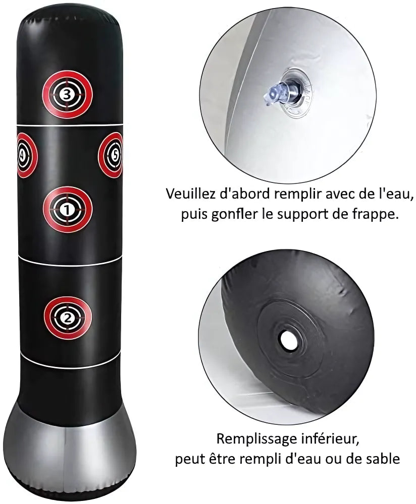 Instructions de remplissage du punching ball gonflable noir.