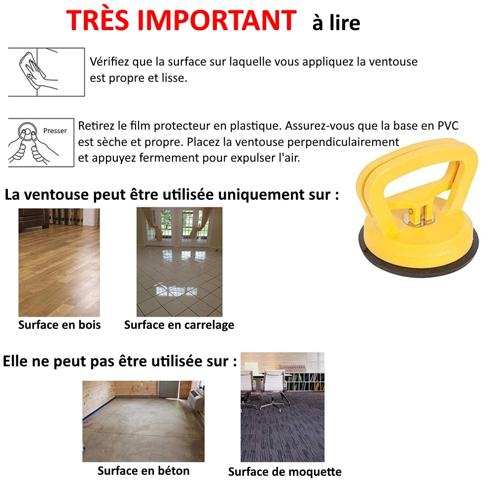 Instructions d'installation pour la ventouse du punching ball, indiquant les surfaces compatibles et incompatibles.