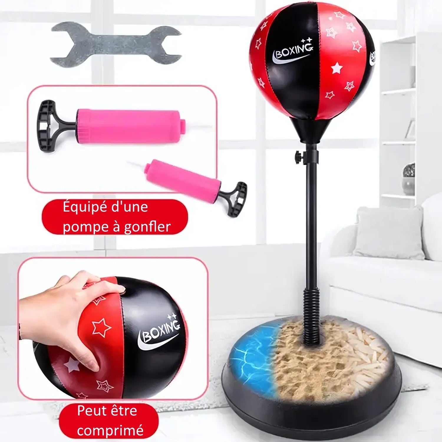 Pompe incluse avec punching ball sur pied gonflable