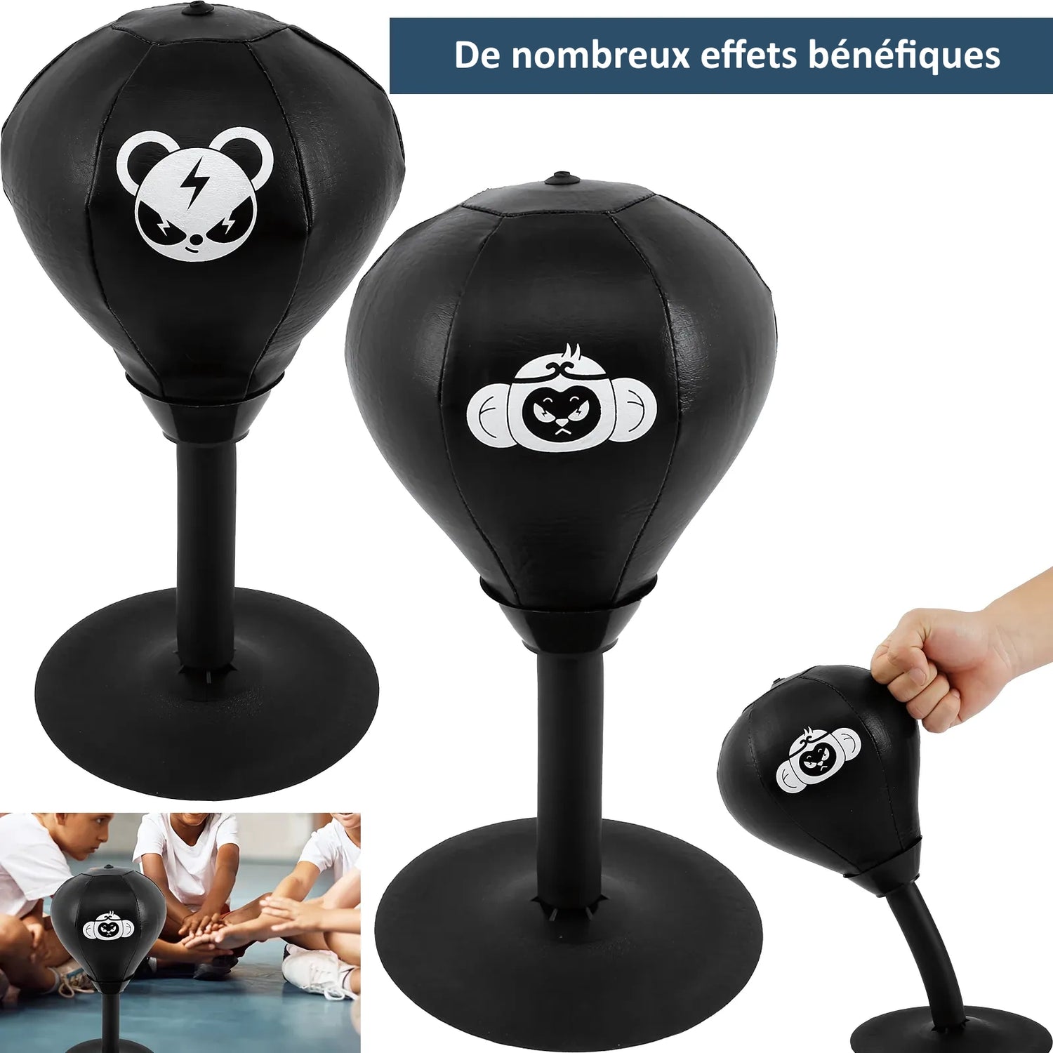 Enfants utilisant le punching-ball pour enfants avec motifs de panda et de singe.