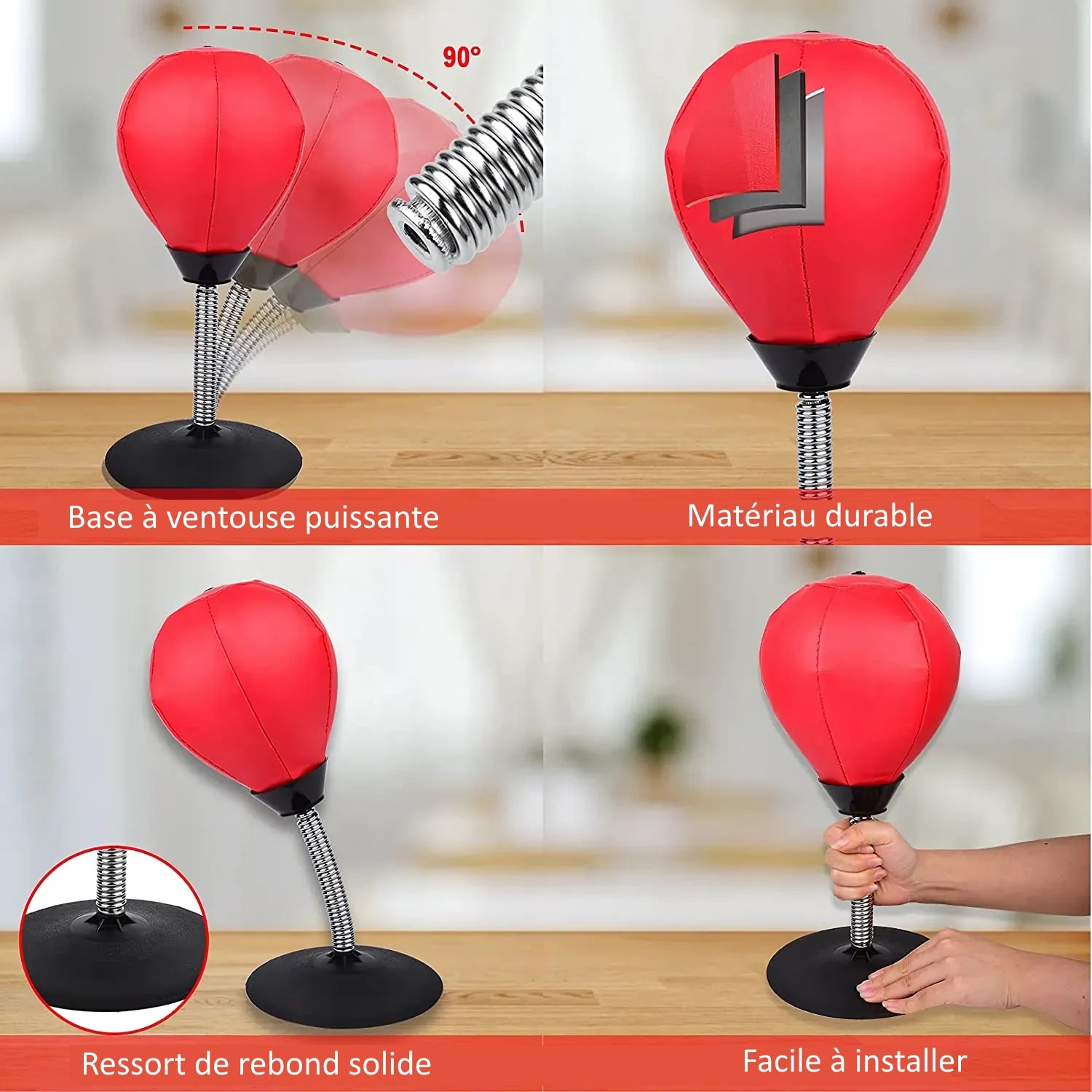 Différentes caractéristiques du punching ball de bureau rouge montrant la base à ventouse, le ressort de rebond et l'installation facile