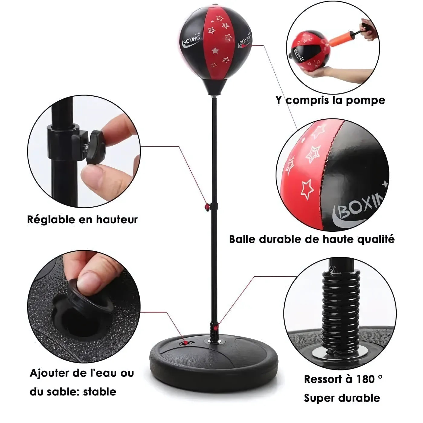Punching ball sur pied gonflable réglable avec base stable et ressort durable