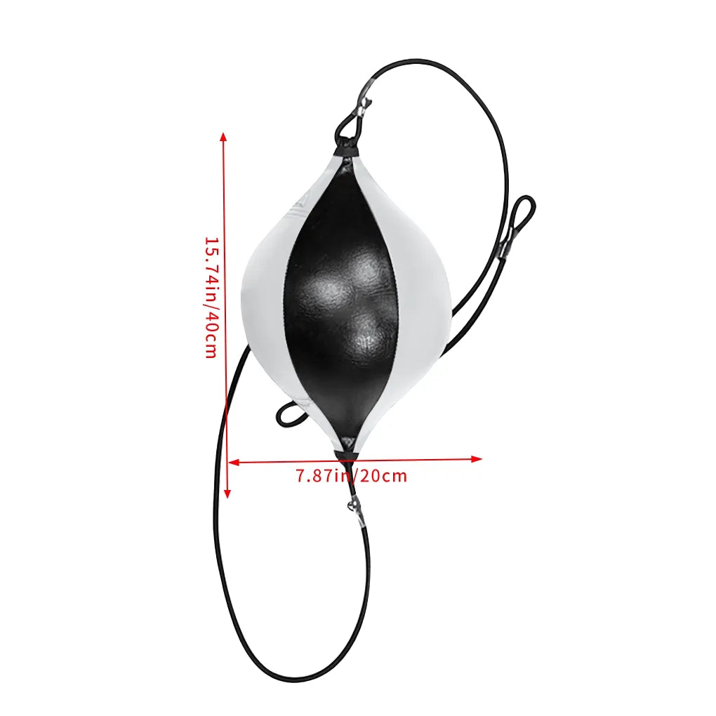 Dimensions du punching ball suspendu blanc et noir avec double élastiques en PU.