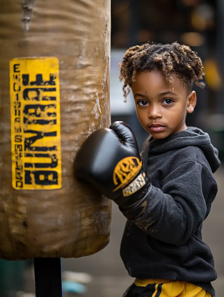 Enfant boxeur devant un sac de frappe