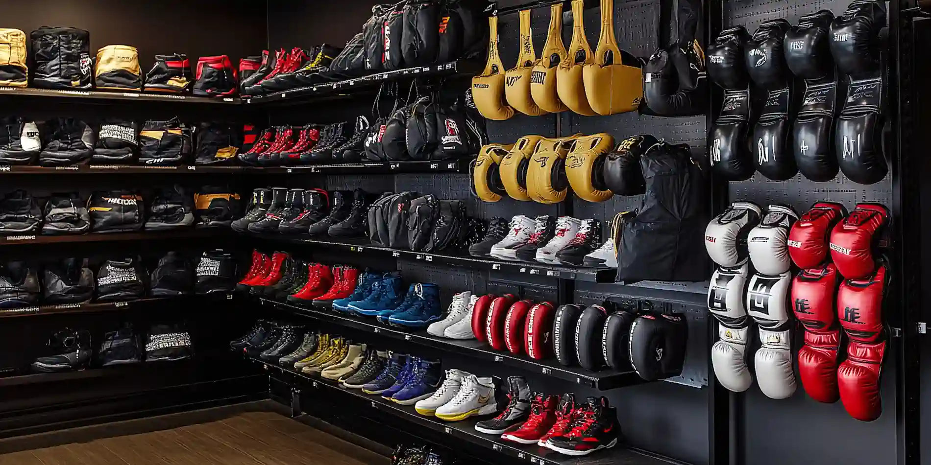 Stock d'une boutique spécialisée dans la boxe et le MMA.