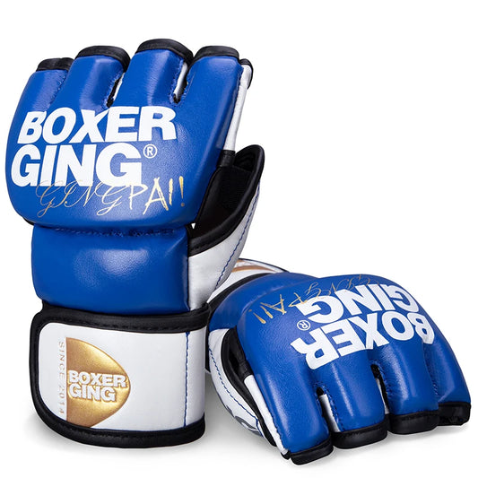 Gants de MMA Gingpai bleus et blancs, vue de face, avec logo visible.