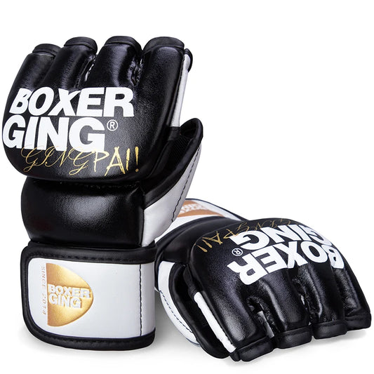 Gants de MMA Gingpai noirs et blancs, vue de face, avec logo visible.