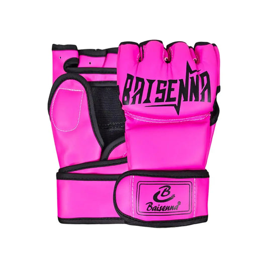 Gants de MMA roses avec inscription noire Baisenna - Vue de face et arrière