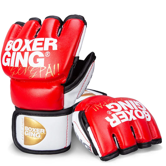 Gants de MMA Gingpai rouges et blancs, vue de face, avec logo visible.