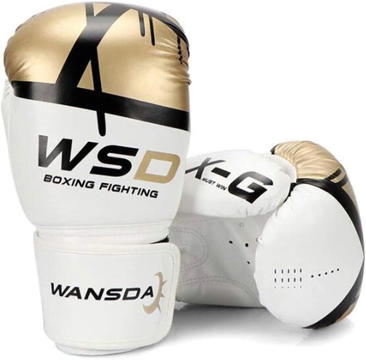 Gants de boxe WSD blancs et dorés vue de face.