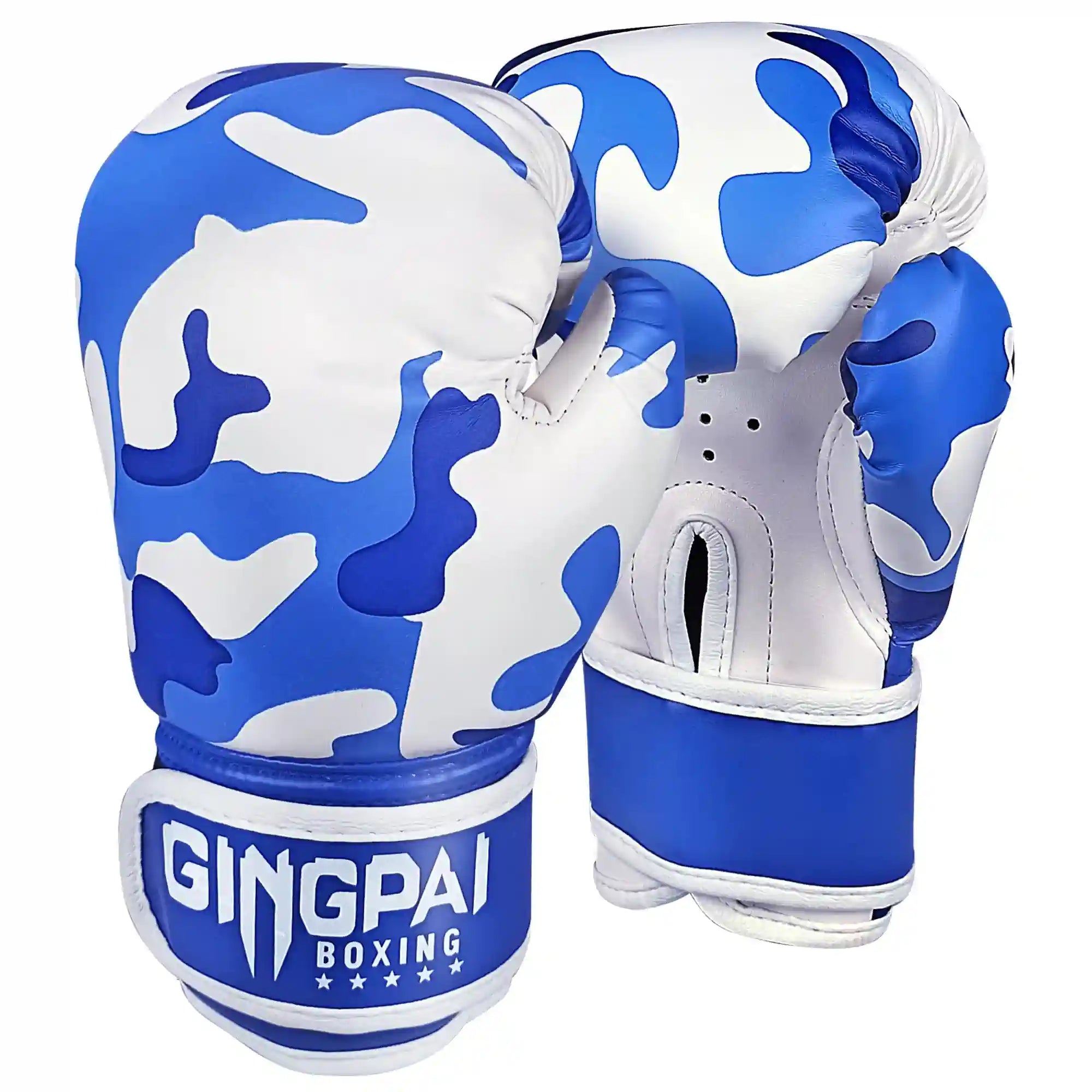 Gants de boxe enfant bleus GINGPAI avec motif camouflage – Vue avant détaillée