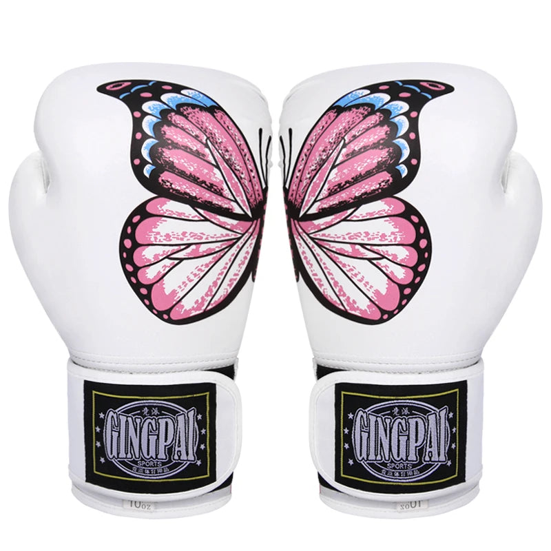 Gants de boxe femme motif papillon rose et bleu - vue de face.