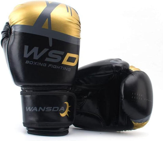 Gants de boxe WSD noirs et dorés vue de face.