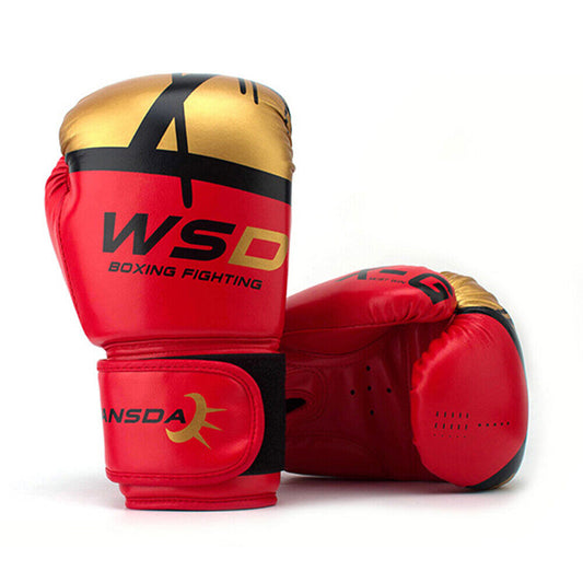 Gants de boxe WSD rouges et dorés vue de face.