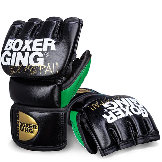 Gants de MMA Gingpai noir et vert, vue de face.