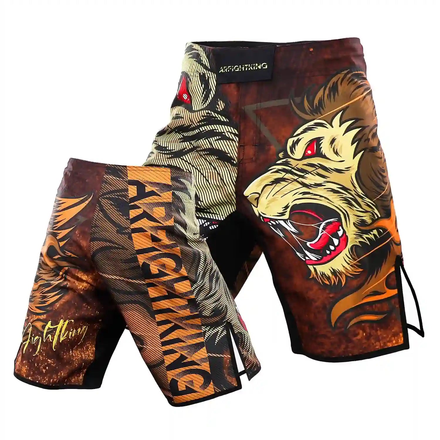 Short MMA marron avec motif lion rugissant – design puissant pour combattants