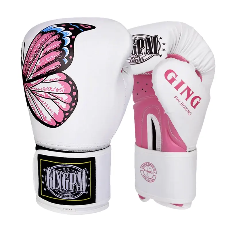 Paire de gants de boxe femme motif papillon rose et bleu un de face et l'autre de dos.