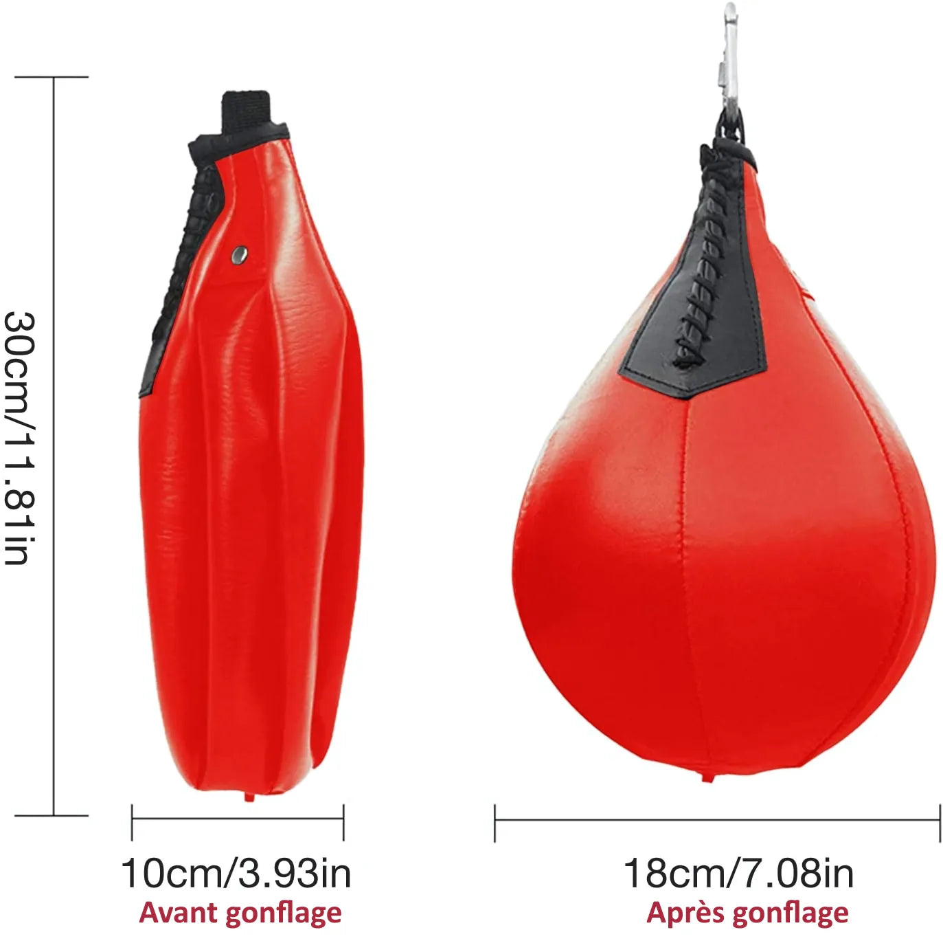 Dimensions de la poire de boxe gonflable en PU avant et après gonflage.