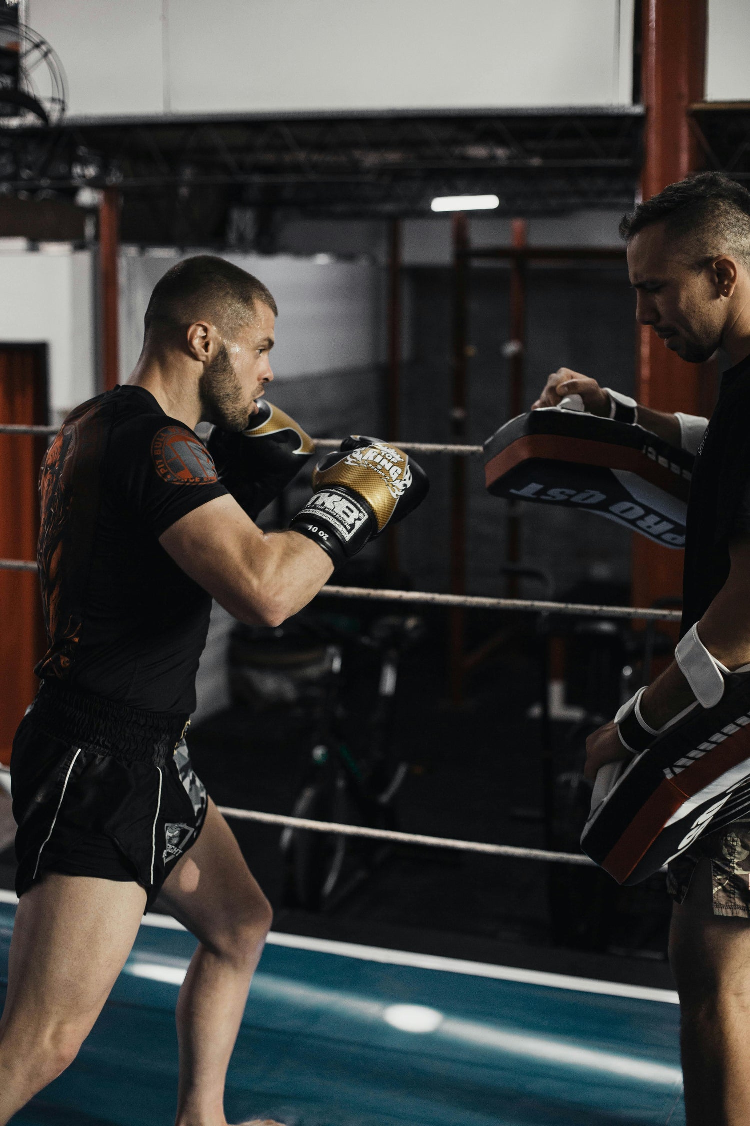 Boxeur en pleine séance d'entraînement sur le ring, portant des gants de boxe et frappant des paos tenus par son entraîneur.