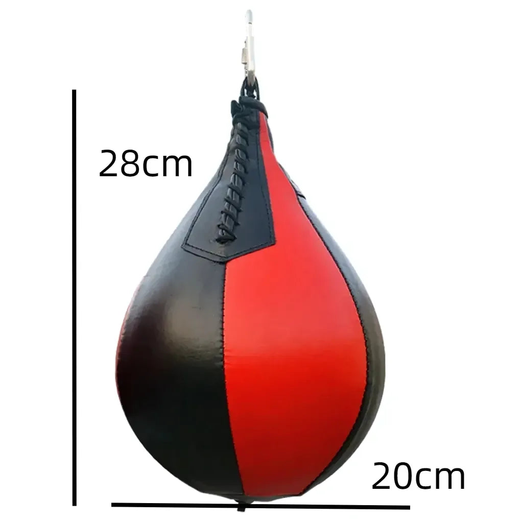 Dimensions de la poire de boxe en cuir rouge et noir - 28cm de hauteur et 20cm de diamètre