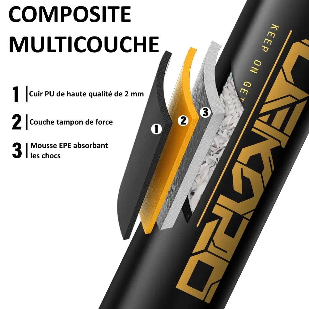 Vue en coupe du sac de frappe montrant le composite multicouche : cuir PU, couche tampon et mousse EPE.