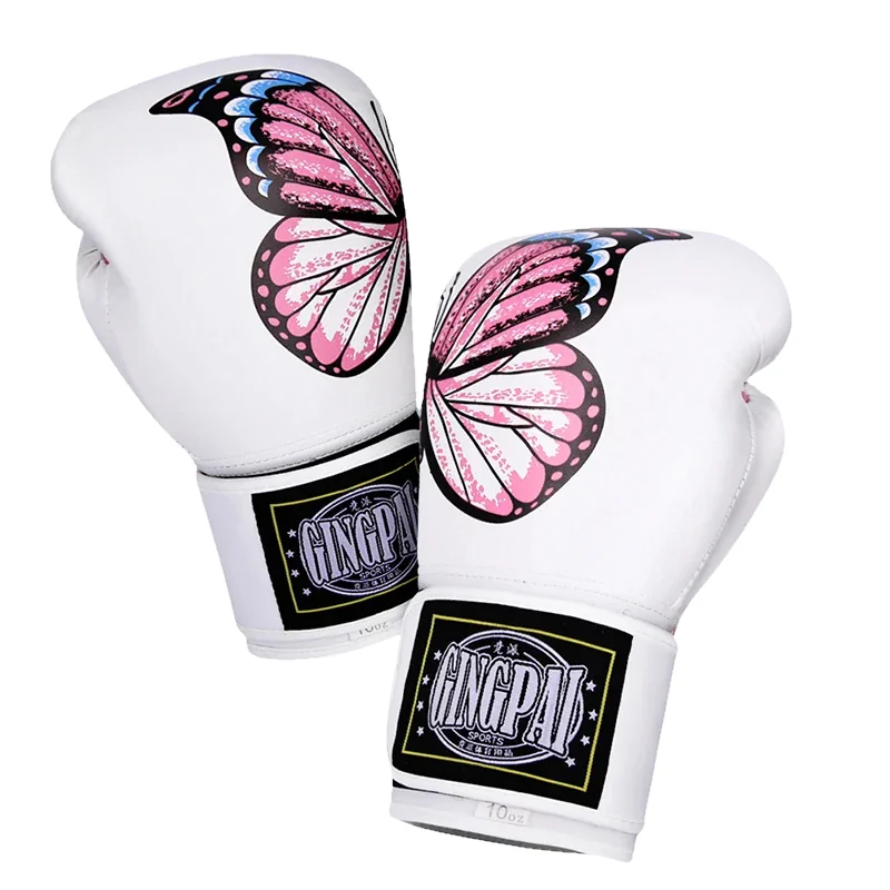 Paire de gants de boxe femme motif papillon rose et bleu en décalé.