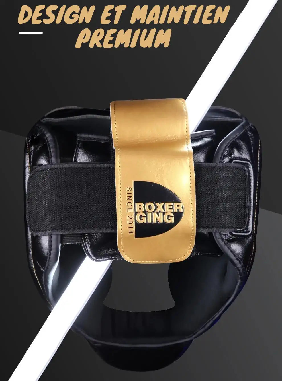 Casque de boxe BOXER GING avec logo doré et design premium pour un maintien optimal.