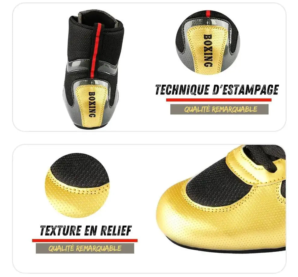Chaussures de boxe noires et dorées GINGPAI SPORT - Technique d'estampage et texture en relief