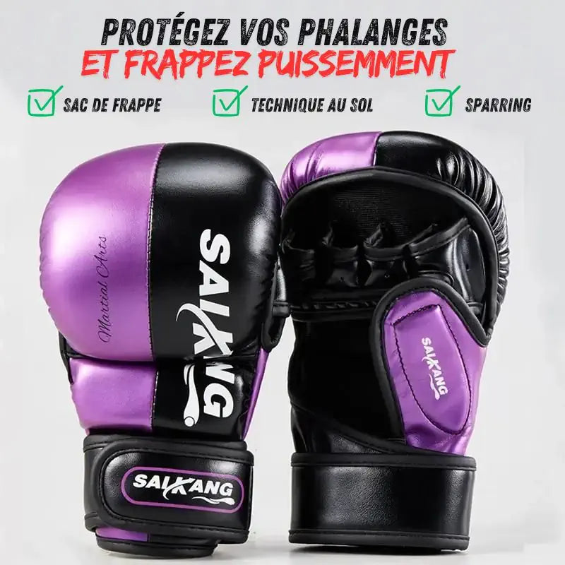Mitaines de boxe noires et violettes vue de face et de l'arrière présentant les possibilités de celles ci.