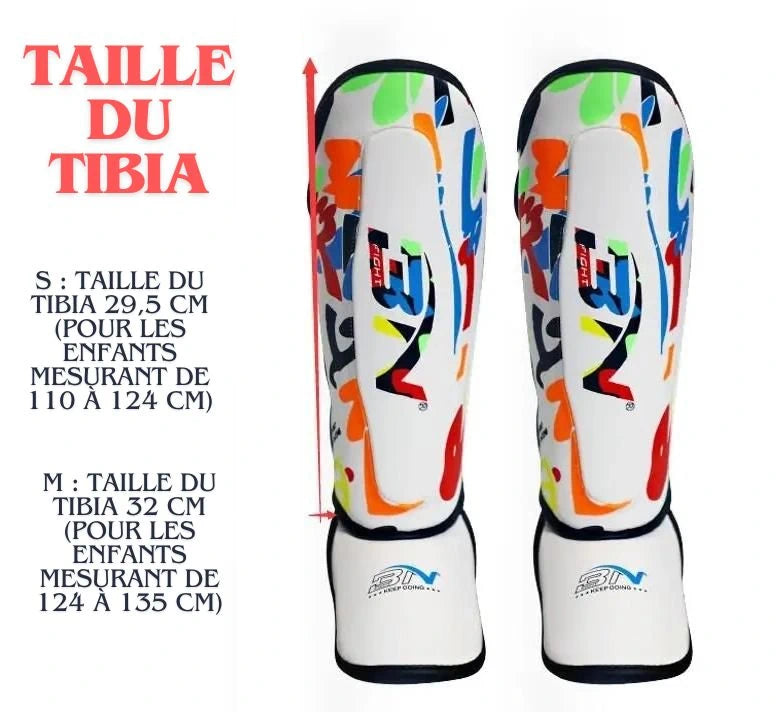 Protège-tibias de boxe pour enfants BN 3-11Y - vue avant avec indication de taille