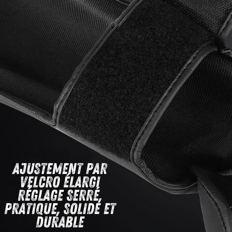 Gros plan sur la sangle Velcro élargie du protège-tibias de boxe GINGPAI, offrant un ajustement serré, pratique et durable