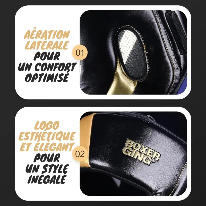 Zoom sur l'aération latérale et le logo élégant du casque de boxe BOXER GING.
