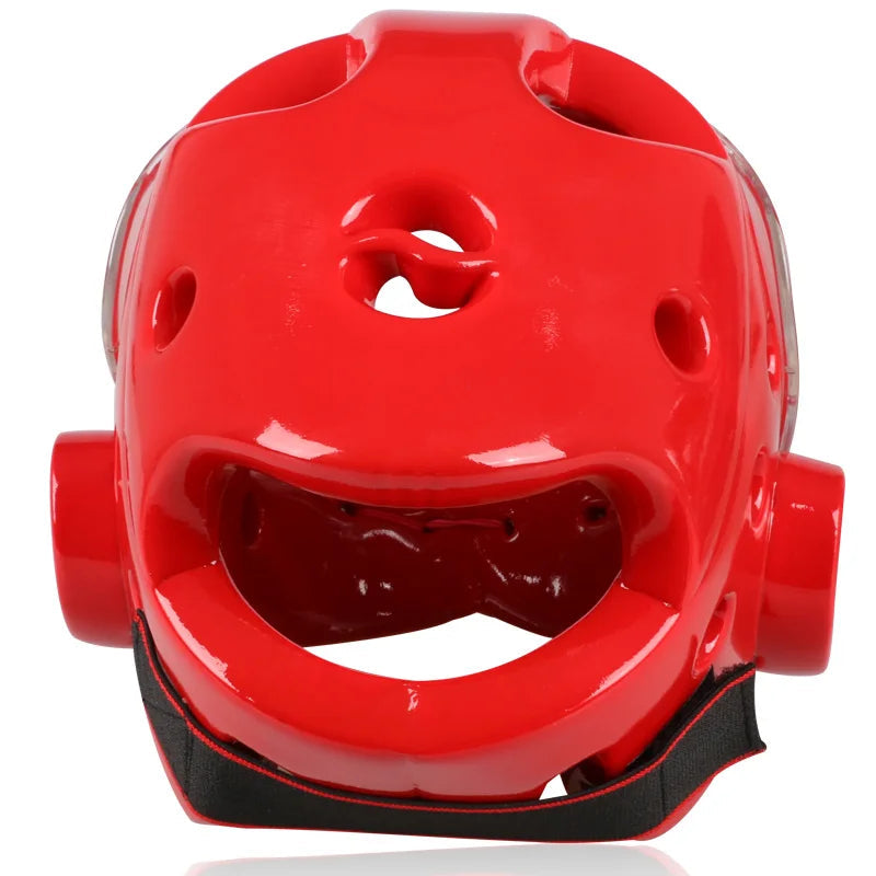 Vue arrière du casque de boxe rouge avec conception creuse pour une meilleure respirabilité.