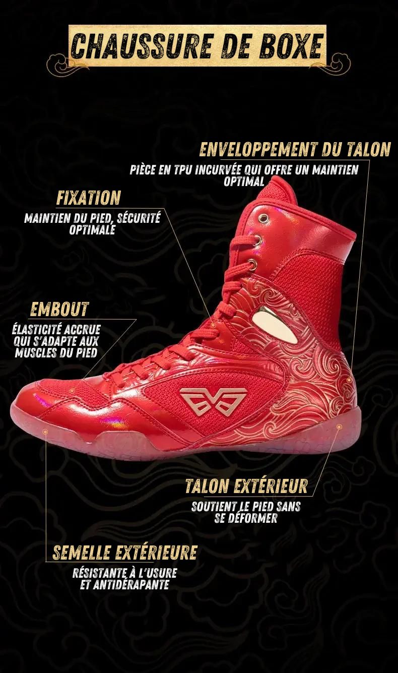 Chaussures de boxe rouges KAIMATE avec détails des caractéristiques comme l'enveloppement du talon, la fixation et la semelle extérieure antidérapante