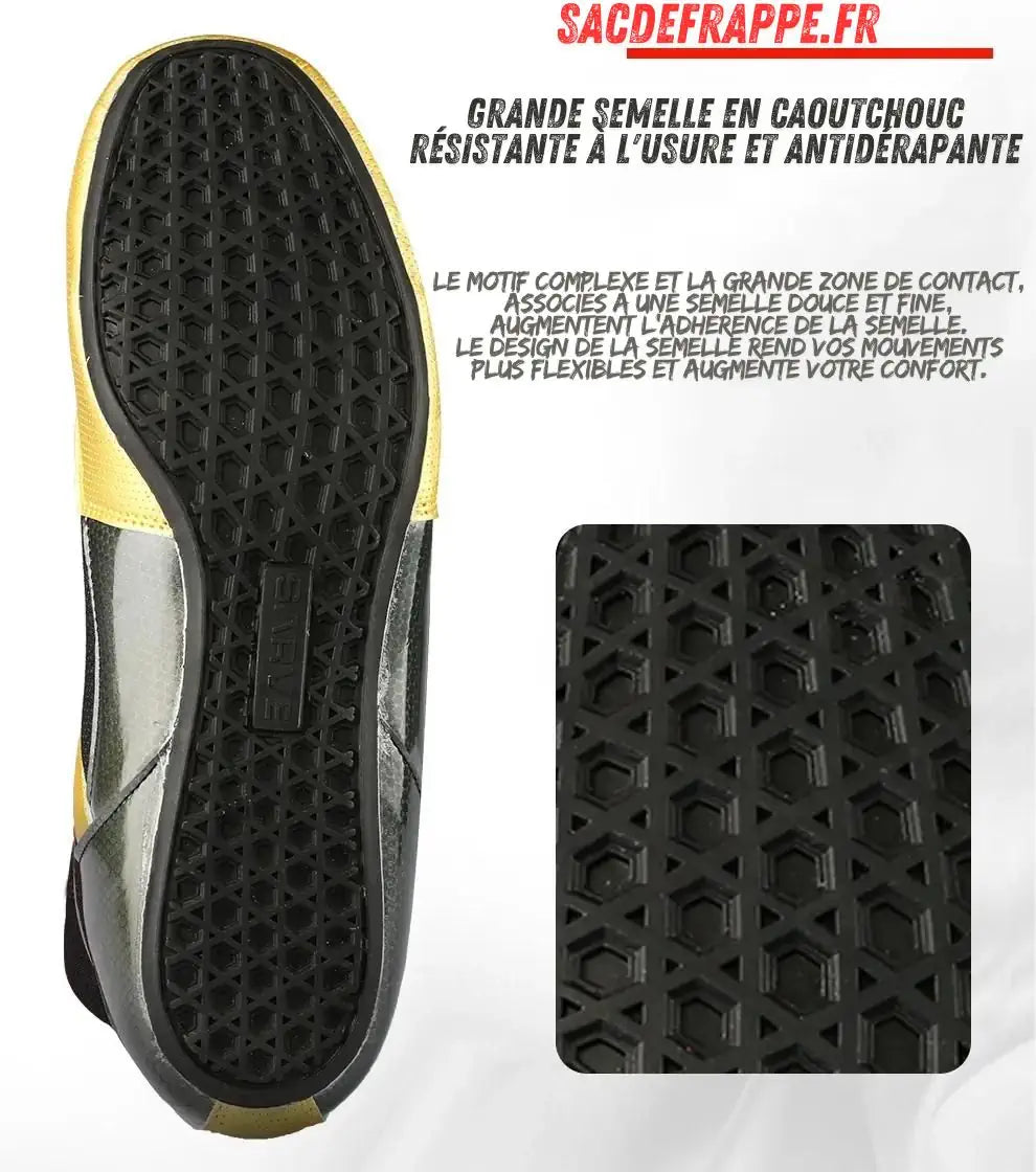 Chaussures de boxe noires et dorées GINGPAI SPORT - Grande semelle en caoutchouc résistante à l'usure et antidérapante